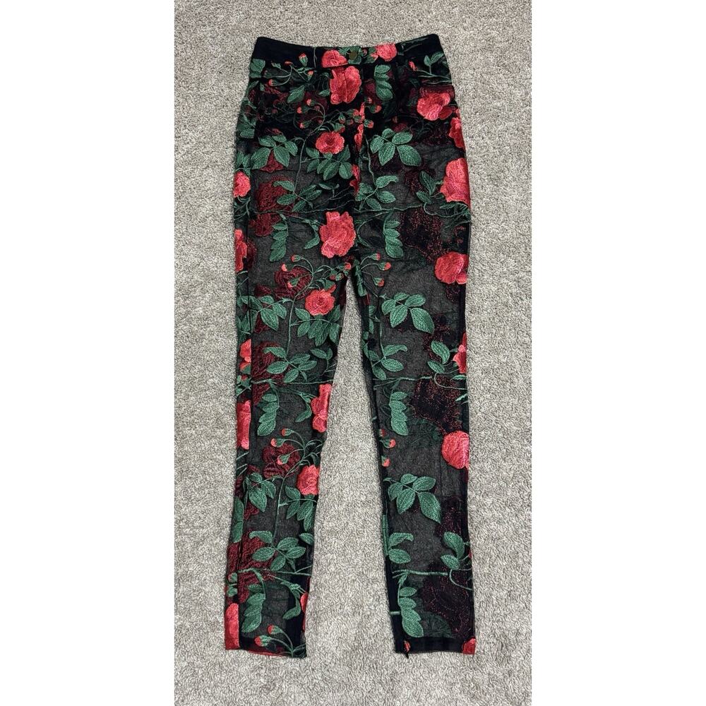 JAGGER & STONE Sheer Red Rose Embroidered Mesh Pants Zip Ankles Floral Size S - Picture 3 of 11